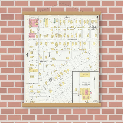 Old map wall art mockup — magnetic wood frame on brick wall — Sanborn Fire Insurance Map from Dunkirk, Jay And Blackford Counties, Indiana (1900), Sheet #0007