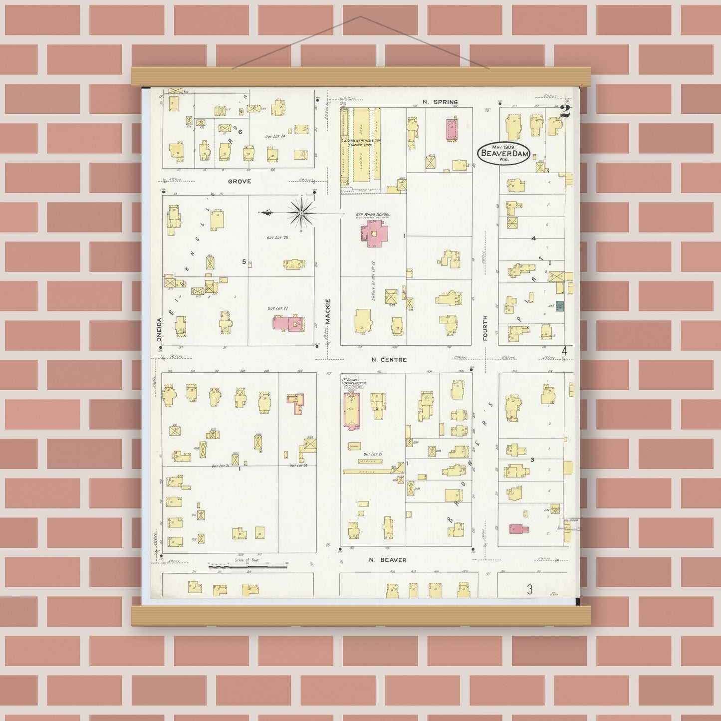 Old map wall art mockup — magnetic wood frame on brick wall — Sanborn Fire Insurance Map from Beaver Dam, Dodge County, Wisconsin (1909), Sheet #0002