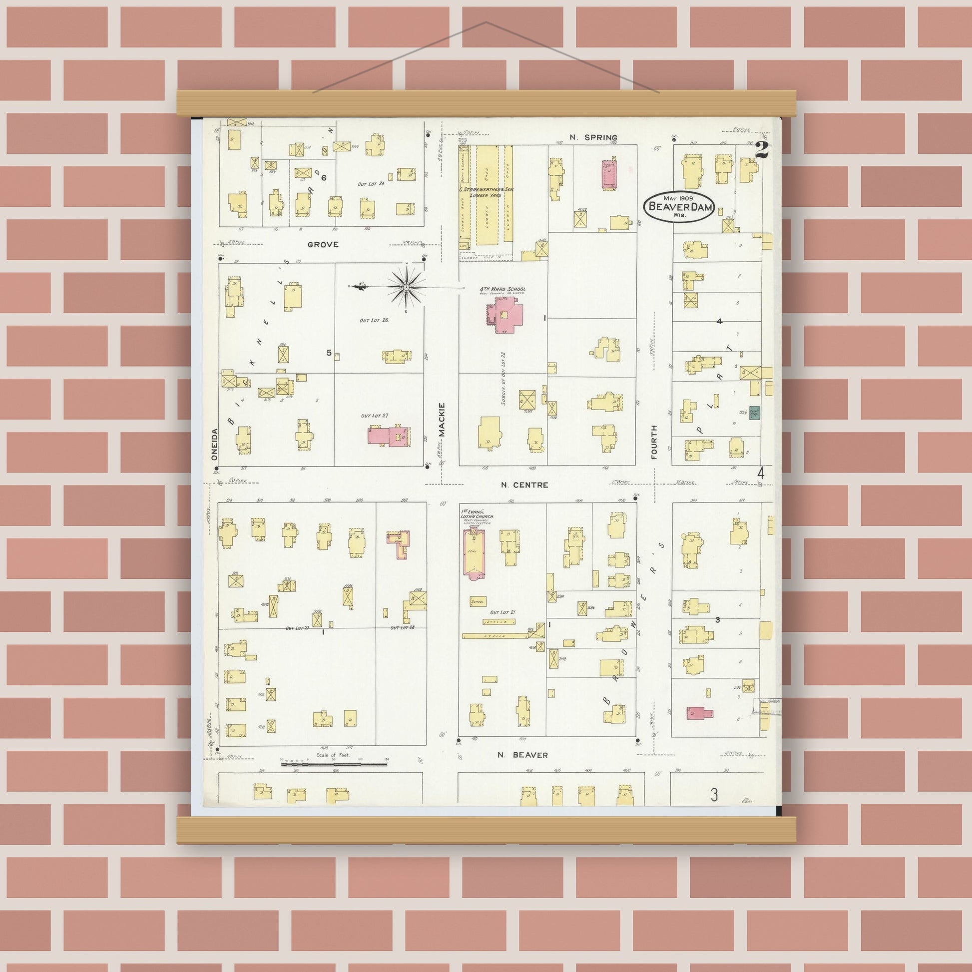 Old map wall art mockup — magnetic wood frame on brick wall — Sanborn Fire Insurance Map from Beaver Dam, Dodge County, Wisconsin (1909), Sheet #0002