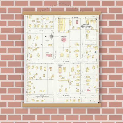 Old map wall art mockup — magnetic wood frame on brick wall — Sanborn Fire Insurance Map from Beaver Dam, Dodge County, Wisconsin (1909), Sheet #0002