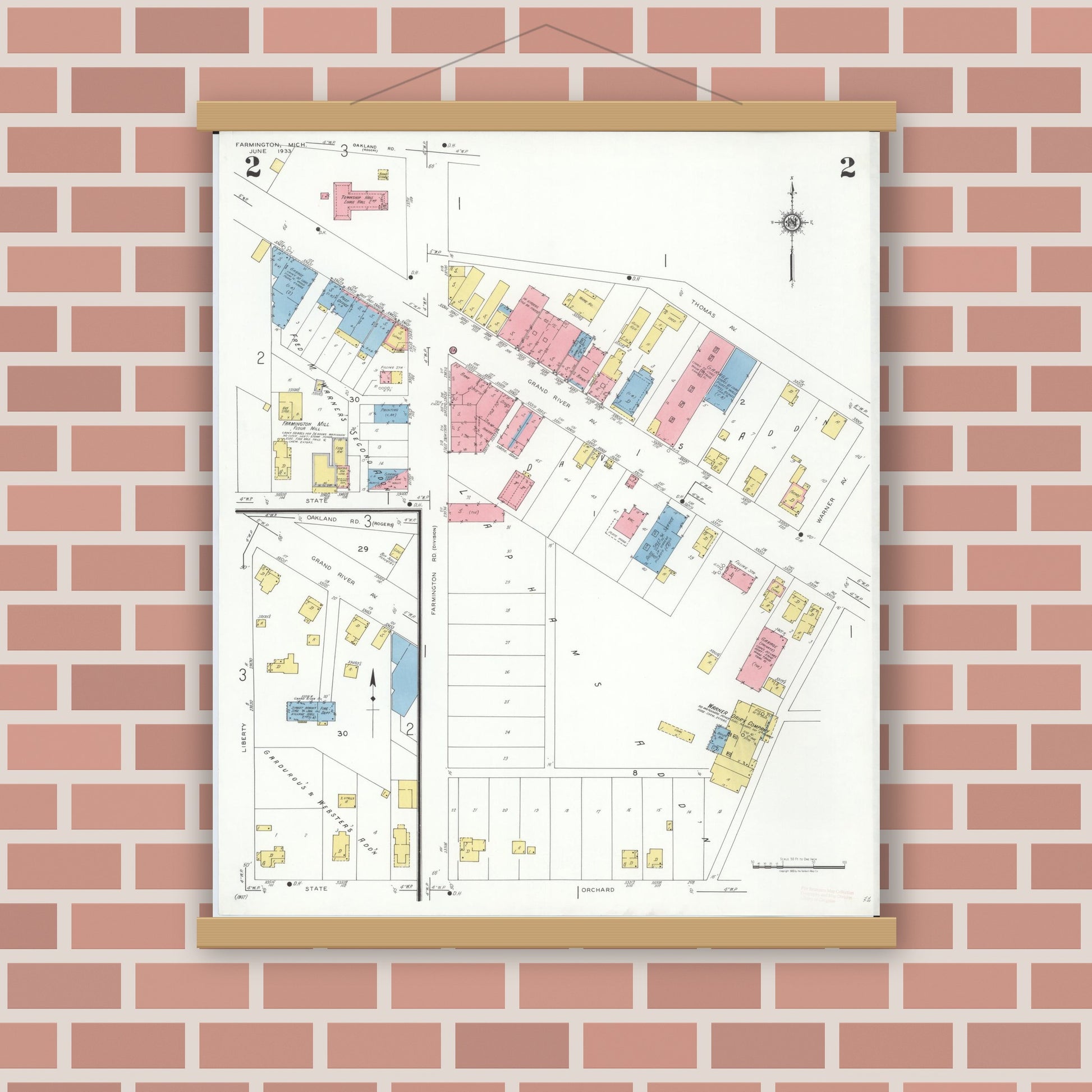 Old map wall art mockup — magnetic wood frame on brick wall — Sanborn Fire Insurance Map from Farmington, Oakland County, Michigan (1933), Sheet #0002