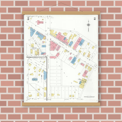Old map wall art mockup — magnetic wood frame on brick wall — Sanborn Fire Insurance Map from Farmington, Oakland County, Michigan (1933), Sheet #0002