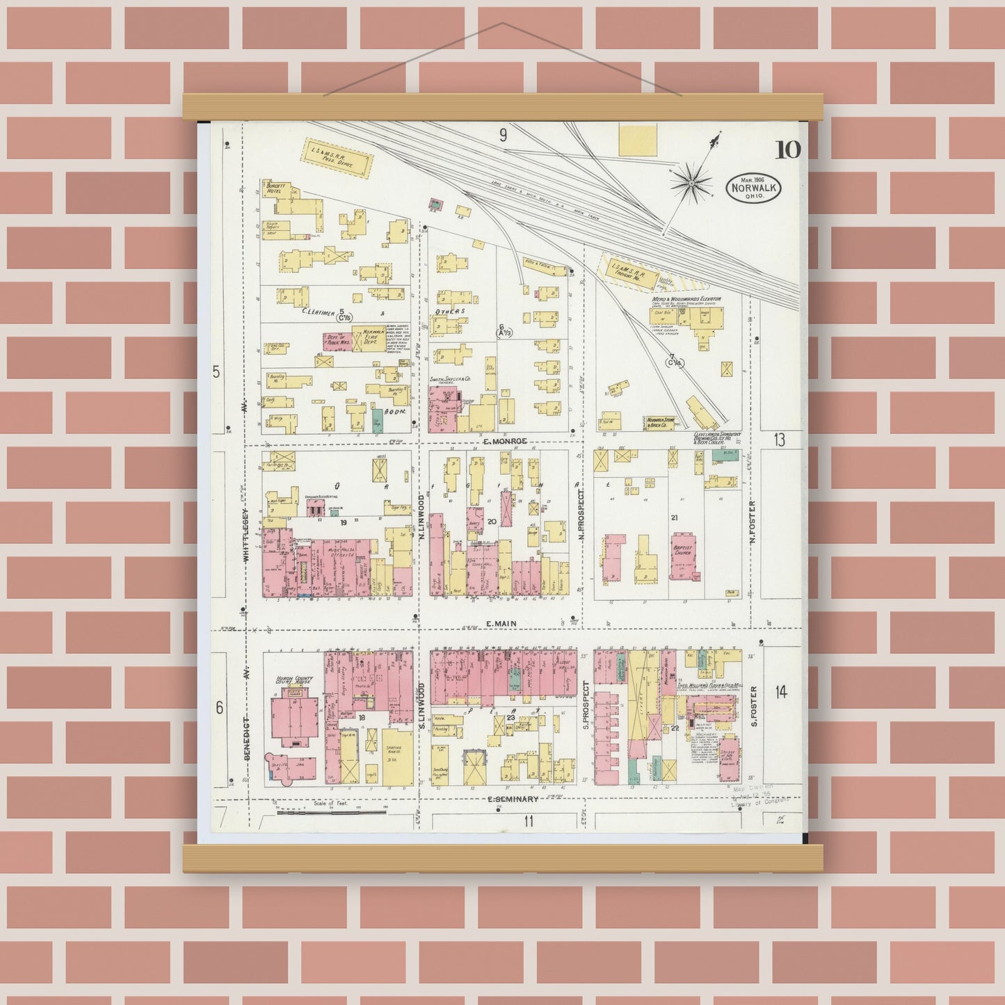 Old map wall art mockup — magnetic wood frame on brick wall — Sanborn Fire Insurance Map from Norwalk, Huron County, Ohio (1906), Sheet #0010