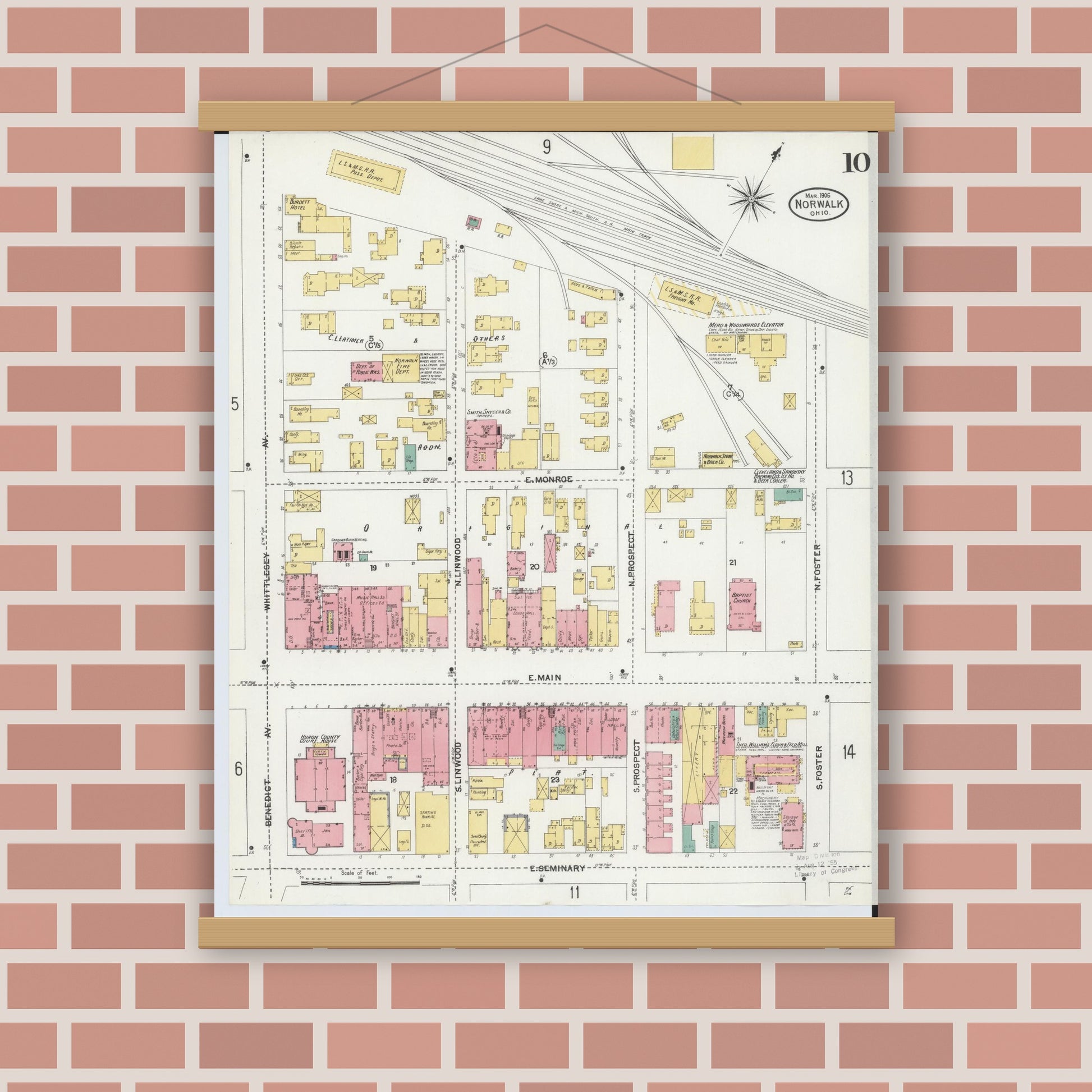 Old map wall art mockup — magnetic wood frame on brick wall — Sanborn Fire Insurance Map from Norwalk, Huron County, Ohio (1906), Sheet #0010