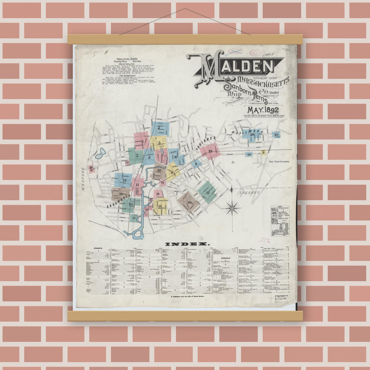 Old map wall art mockup — magnetic wood frame on brick wall — Sanborn Fire Insurance Map from Malden, Middlesex County, Massachusetts (1892), Sheet #0001
