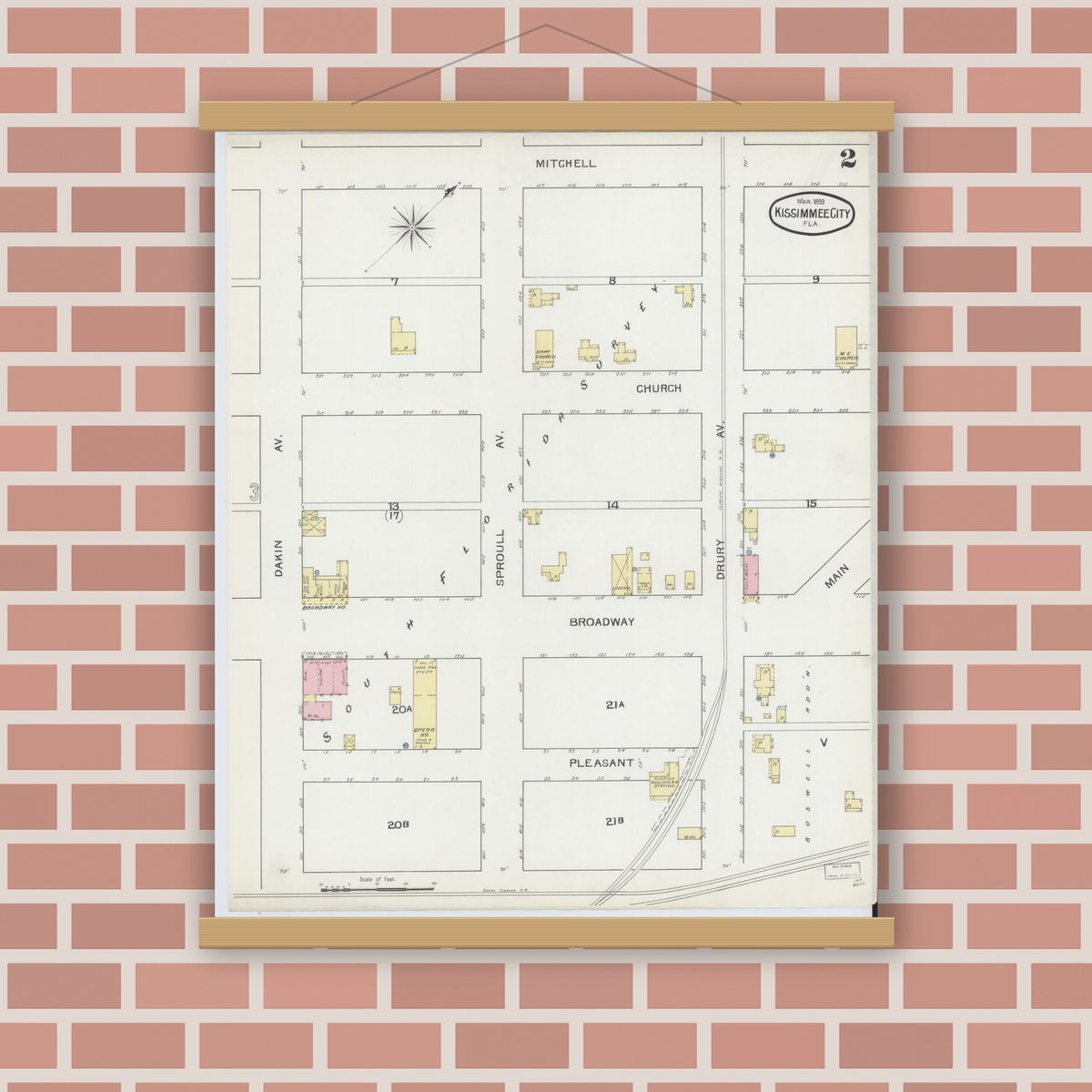 Old map wall art mockup — magnetic wood frame on brick wall — Sanborn Fire Insurance Map from Kissimmee, Osceola County, Florida (1893), Sheet #0002