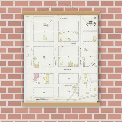 Old map wall art mockup — magnetic wood frame on brick wall — Sanborn Fire Insurance Map from Kissimmee, Osceola County, Florida (1893), Sheet #0002
