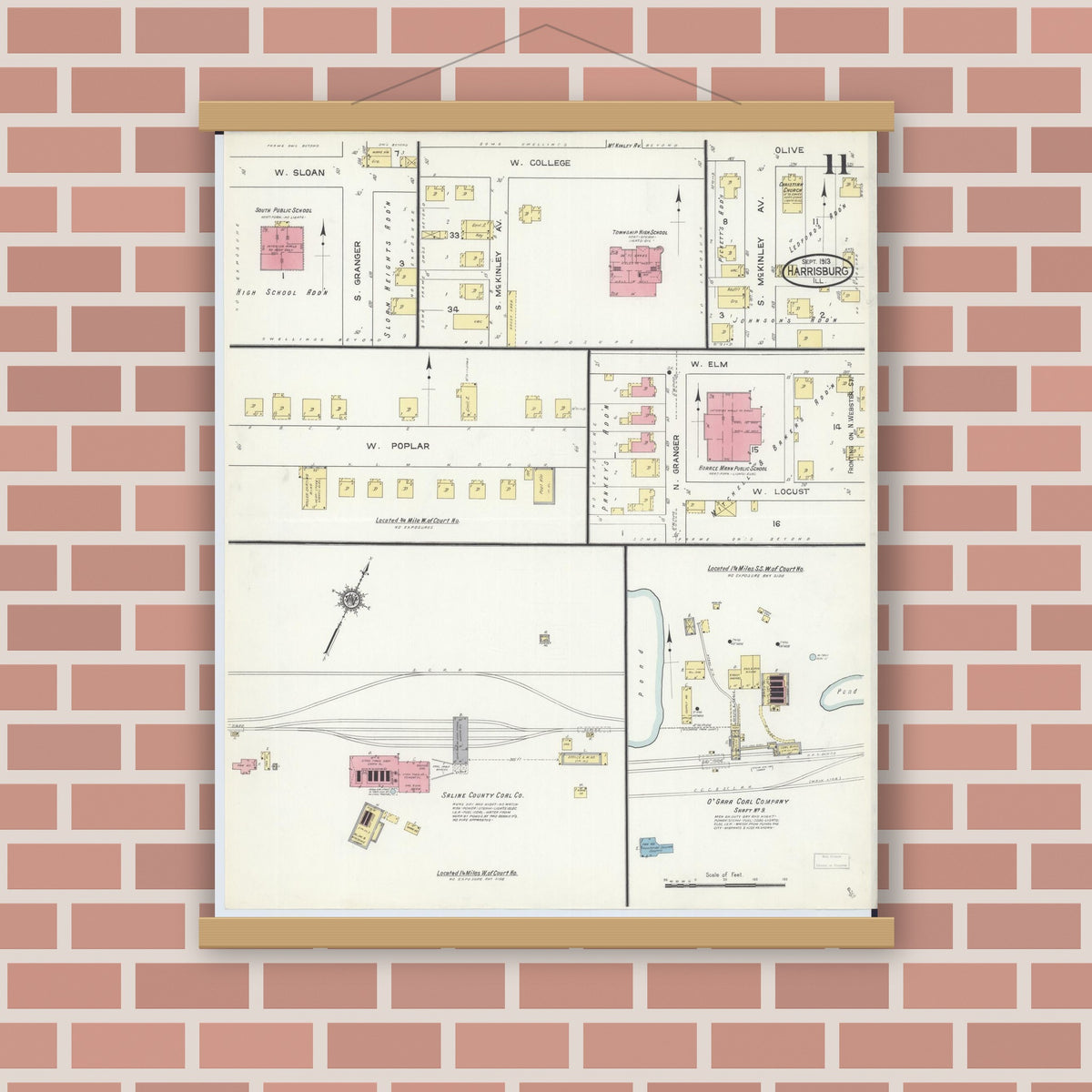 Old map wall art mockup — magnetic wood frame on brick wall — Sanborn Fire Insurance Map from Harrisburg, Saline County, Illinois (1913), Sheet #0011