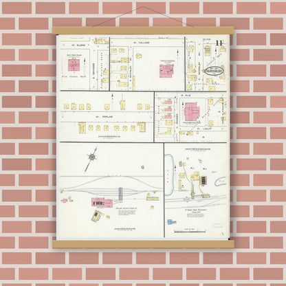 Old map wall art mockup — magnetic wood frame on brick wall — Sanborn Fire Insurance Map from Harrisburg, Saline County, Illinois (1913), Sheet #0011