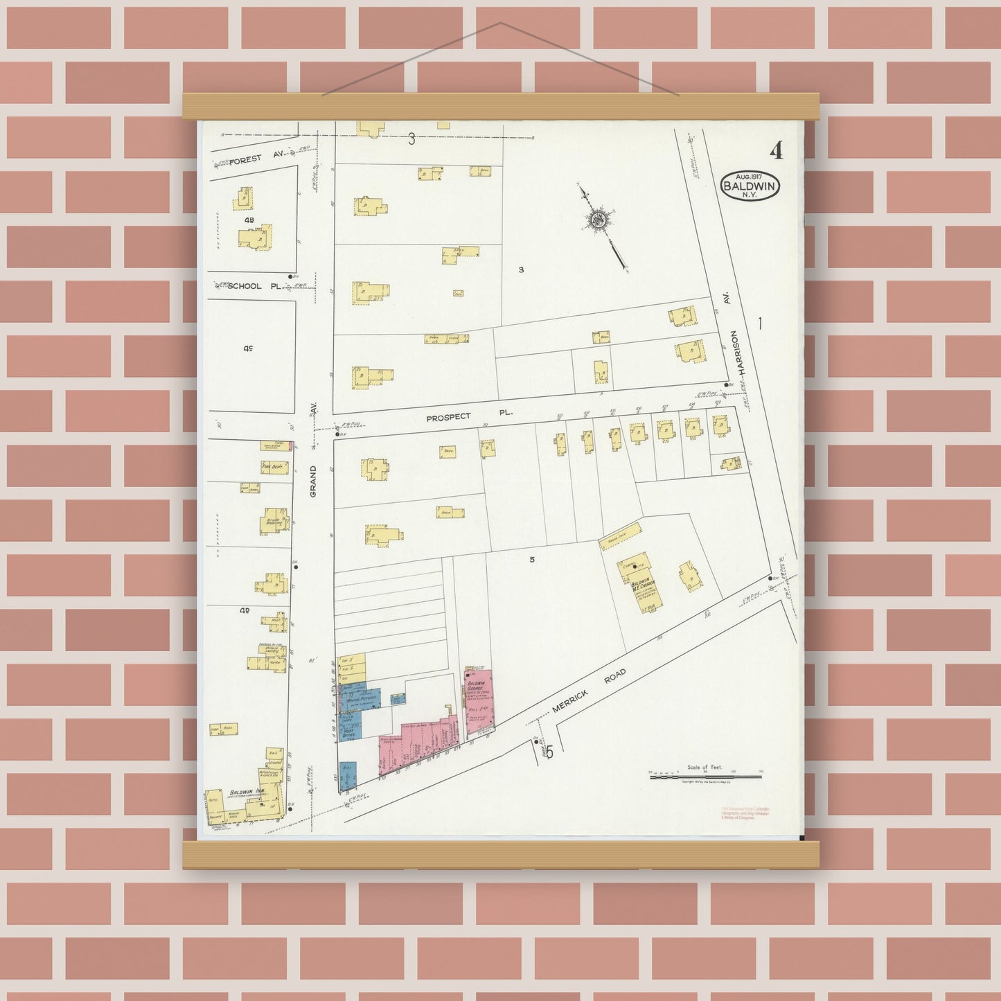 Old map wall art mockup — magnetic wood frame on brick wall — Sanborn Fire Insurance Map from Baldwin, Nassau County, New York (1917), Sheet #0004