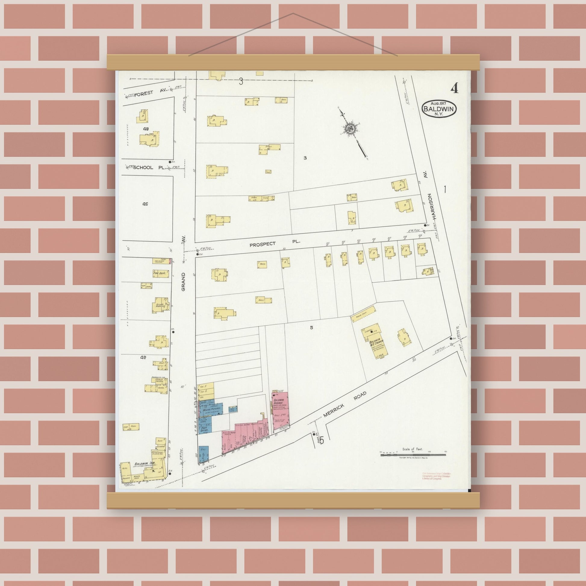 Old map wall art mockup — magnetic wood frame on brick wall — Sanborn Fire Insurance Map from Baldwin, Nassau County, New York (1917), Sheet #0004