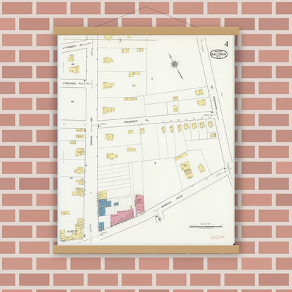 Old map wall art mockup — magnetic wood frame on brick wall — Sanborn Fire Insurance Map from Baldwin, Nassau County, New York (1917), Sheet #0004