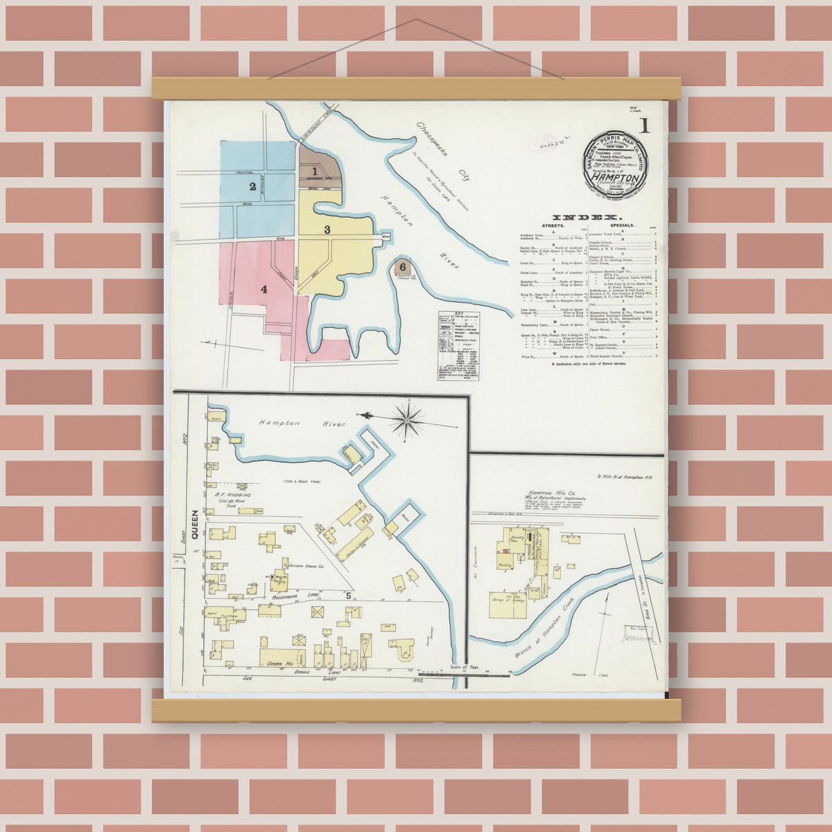 Old map wall art mockup — magnetic wood frame on brick wall — Sanborn Fire Insurance Map from Hampton, Independent Cities, Virginia (1891), Sheet #0001