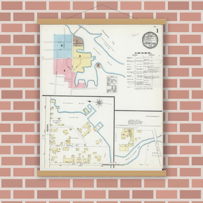 Old map wall art mockup — magnetic wood frame on brick wall — Sanborn Fire Insurance Map from Hampton, Independent Cities, Virginia (1891), Sheet #0001