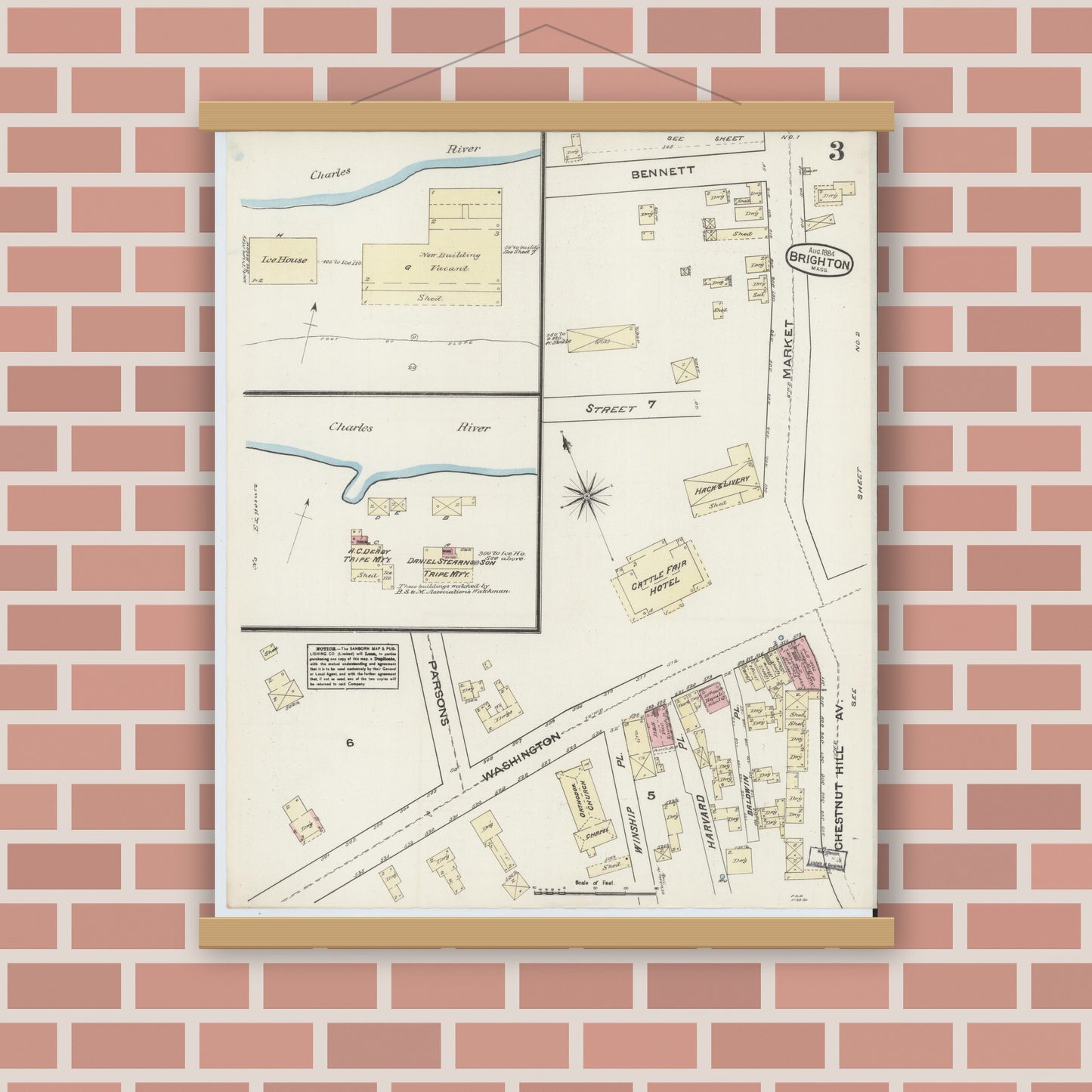 Old map wall art mockup — magnetic wood frame on brick wall — Sanborn Fire Insurance Map from Brighton, Suffolk County, Massachusetts (1884), Sheet #0003
