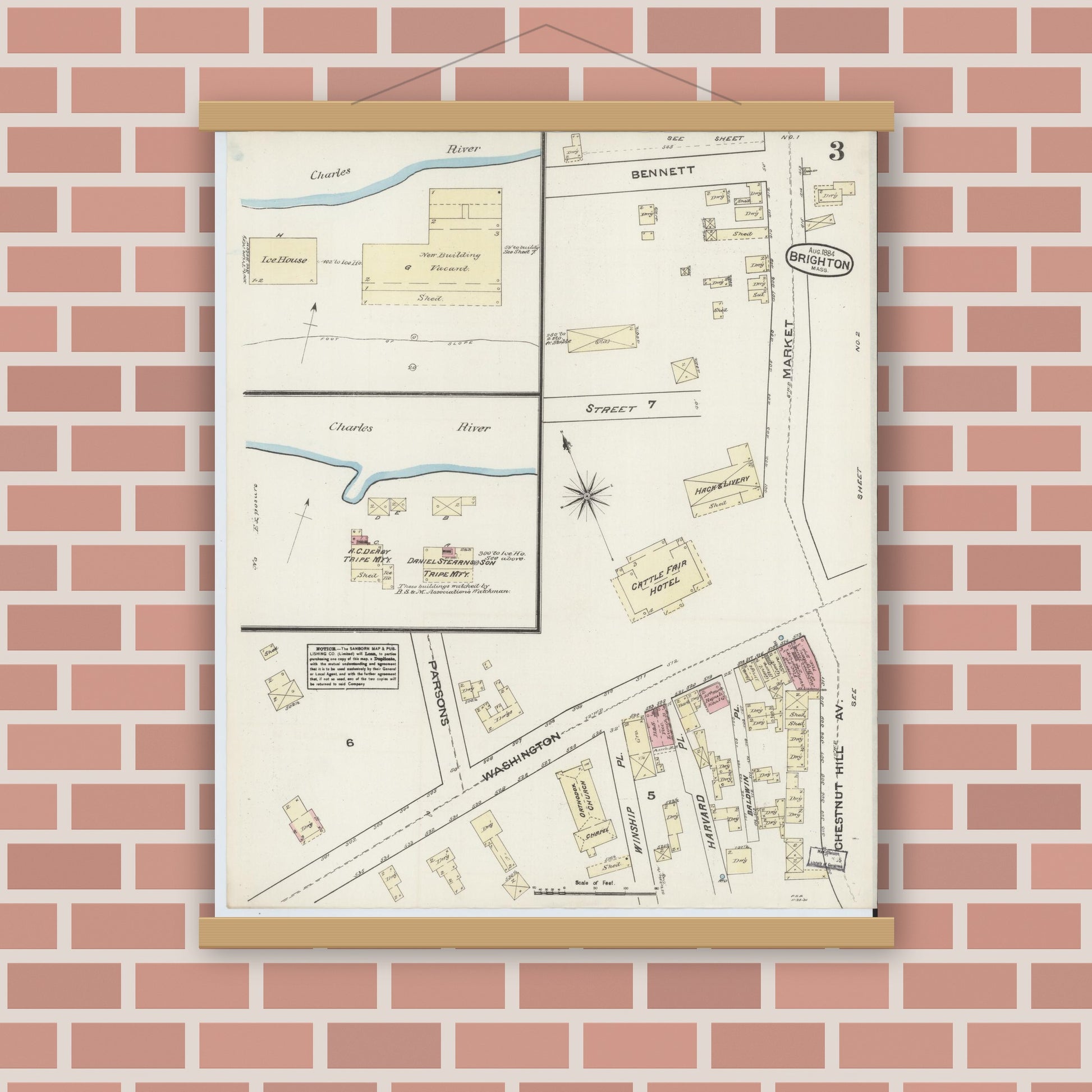 Old map wall art mockup — magnetic wood frame on brick wall — Sanborn Fire Insurance Map from Brighton, Suffolk County, Massachusetts (1884), Sheet #0003