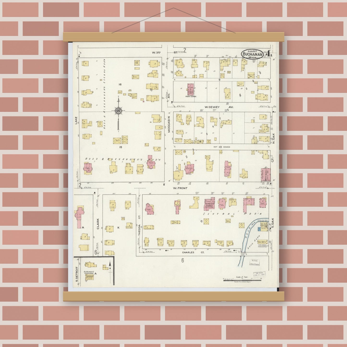 Old map wall art mockup — magnetic wood frame on brick wall — Sanborn Fire Insurance Map from Buchanan, Berrien County, Michigan (1917), Sheet #0004