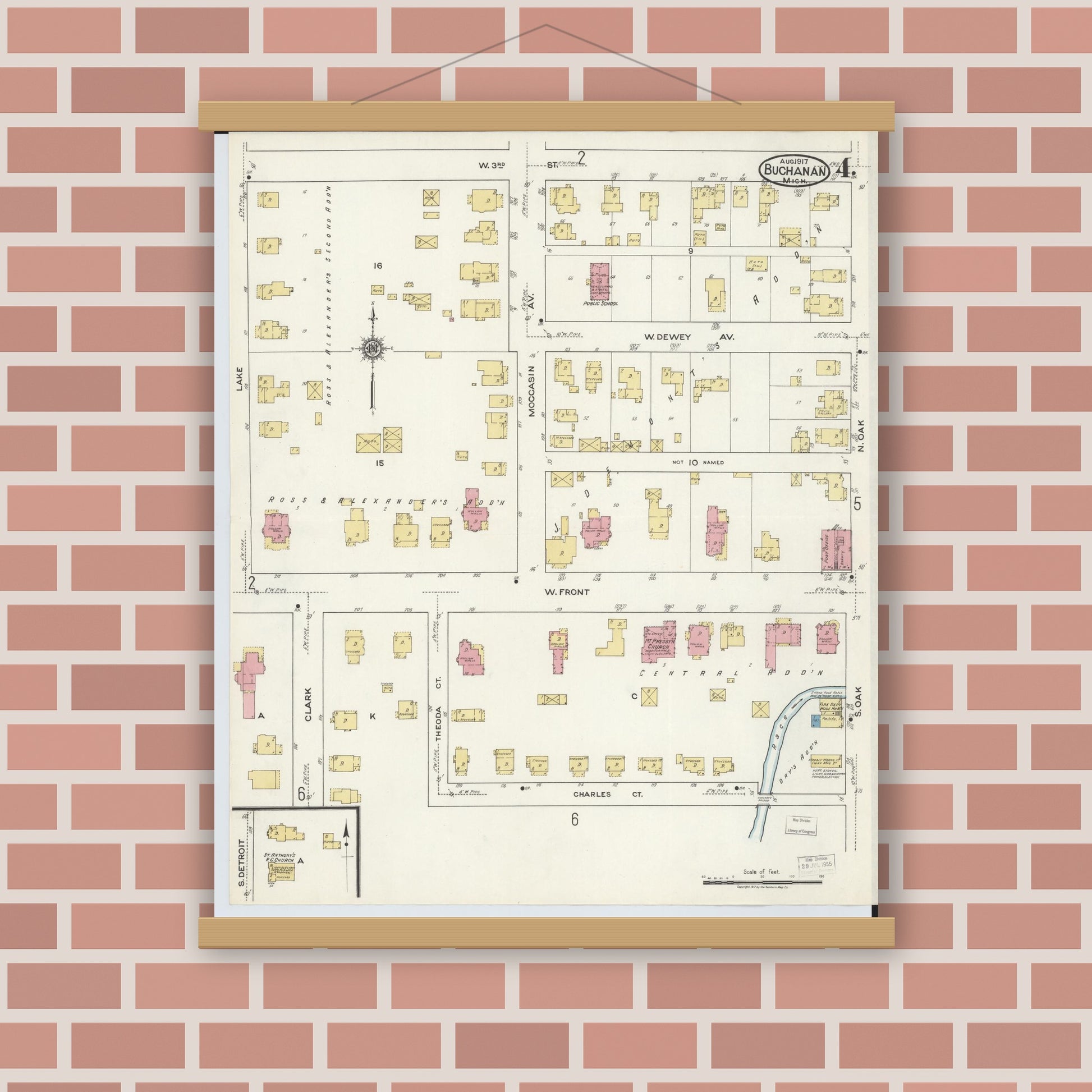 Old map wall art mockup — magnetic wood frame on brick wall — Sanborn Fire Insurance Map from Buchanan, Berrien County, Michigan (1917), Sheet #0004