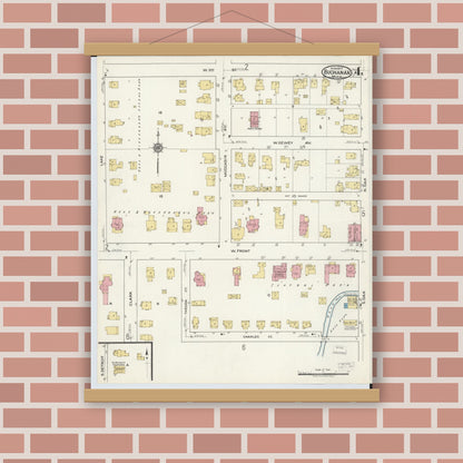 Old map wall art mockup — magnetic wood frame on brick wall — Sanborn Fire Insurance Map from Buchanan, Berrien County, Michigan (1917), Sheet #0004