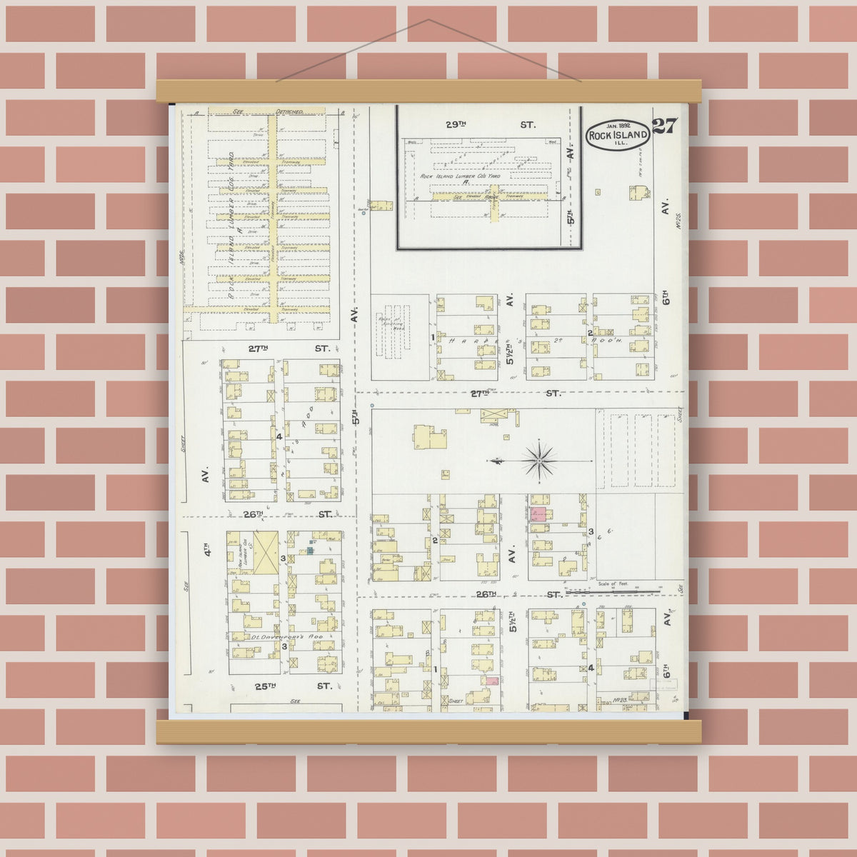 Old map wall art mockup — magnetic wood frame on brick wall — Sanborn Fire Insurance Map from Rock Island, Rock Island County, Illinois (1892), Sheet #0027