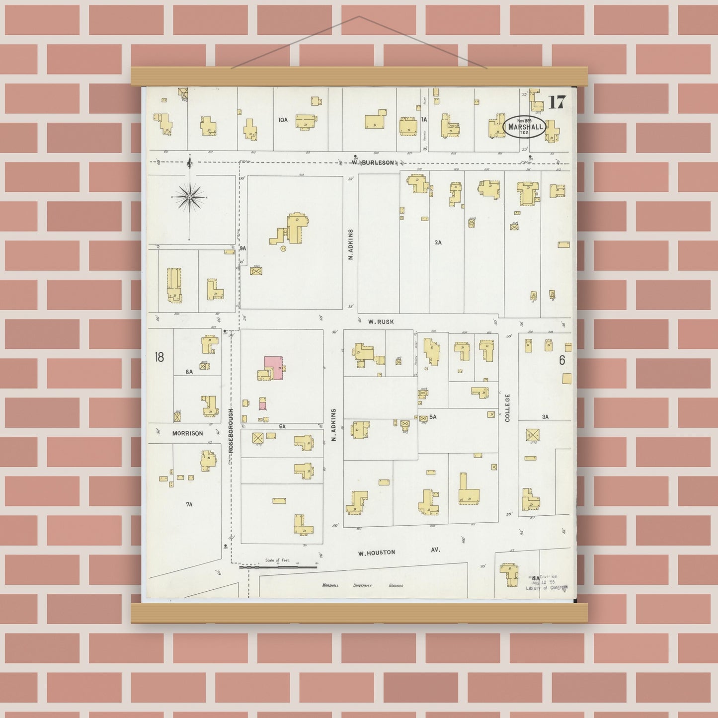 Old map wall art mockup — magnetic wood frame on brick wall — Sanborn Fire Insurance Map from Marshall, Harrison County, Texas (1899), Sheet #0017