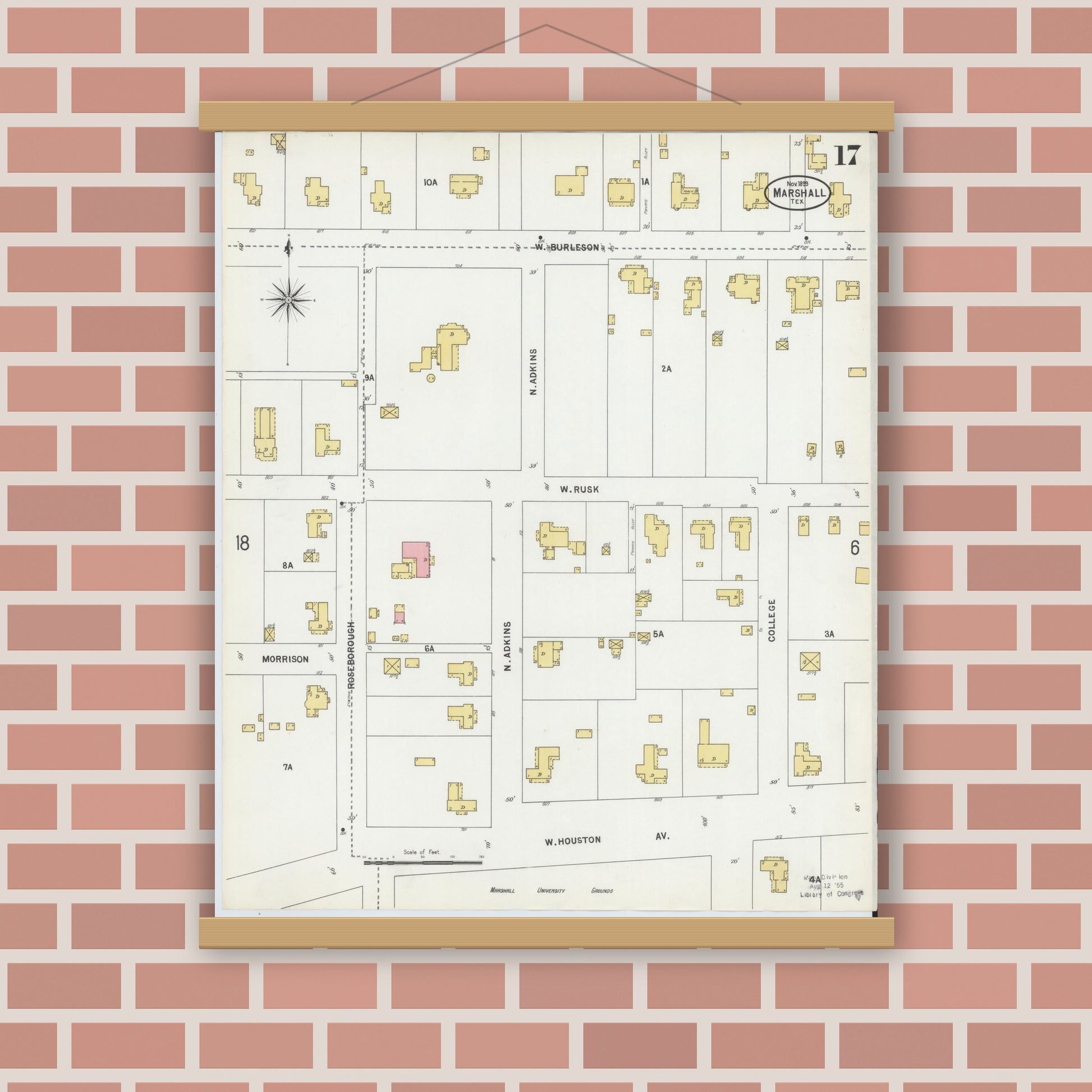 Old map wall art mockup — magnetic wood frame on brick wall — Sanborn Fire Insurance Map from Marshall, Harrison County, Texas (1899), Sheet #0017