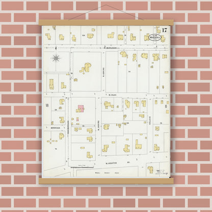 Old map wall art mockup — magnetic wood frame on brick wall — Sanborn Fire Insurance Map from Marshall, Harrison County, Texas (1899), Sheet #0017