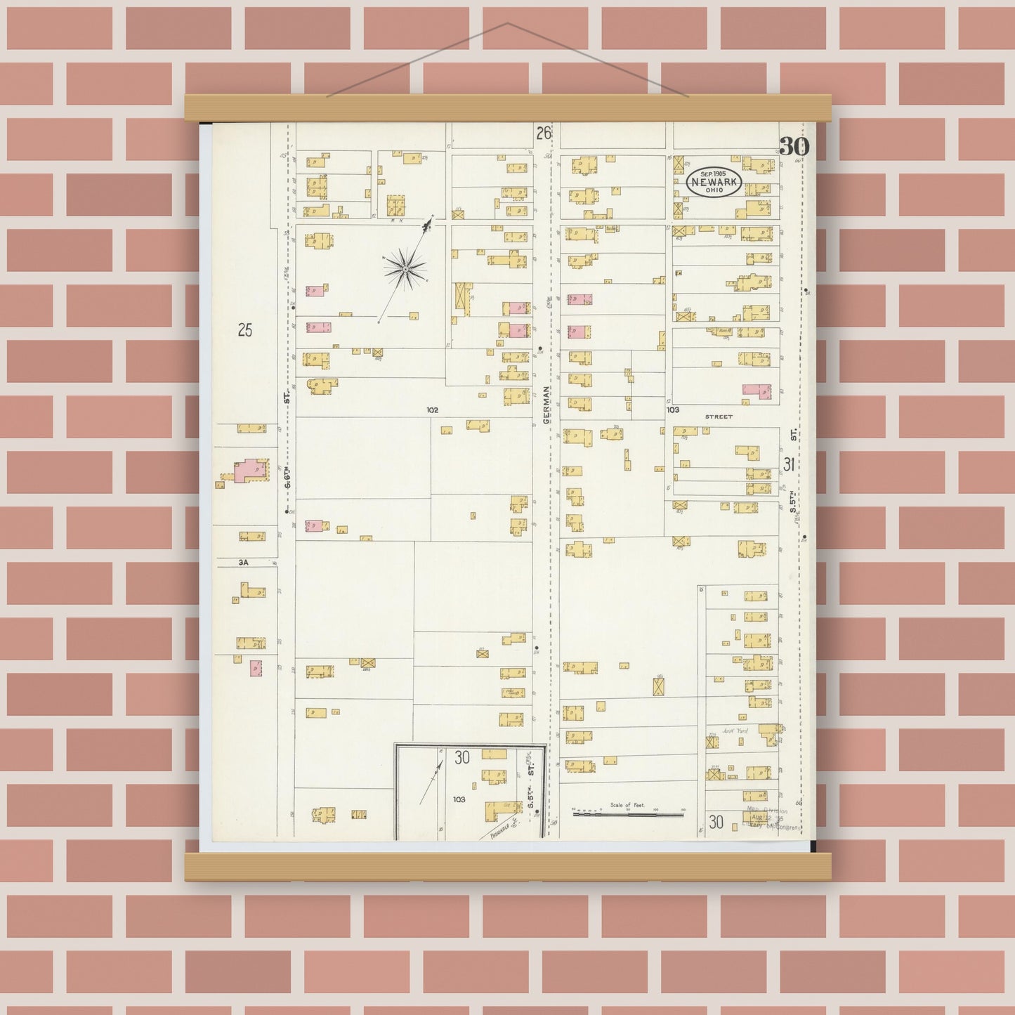 Old map wall art mockup — magnetic wood frame on brick wall — Sanborn Fire Insurance Map from Newark, Licking County, Ohio (1905), Sheet #0030