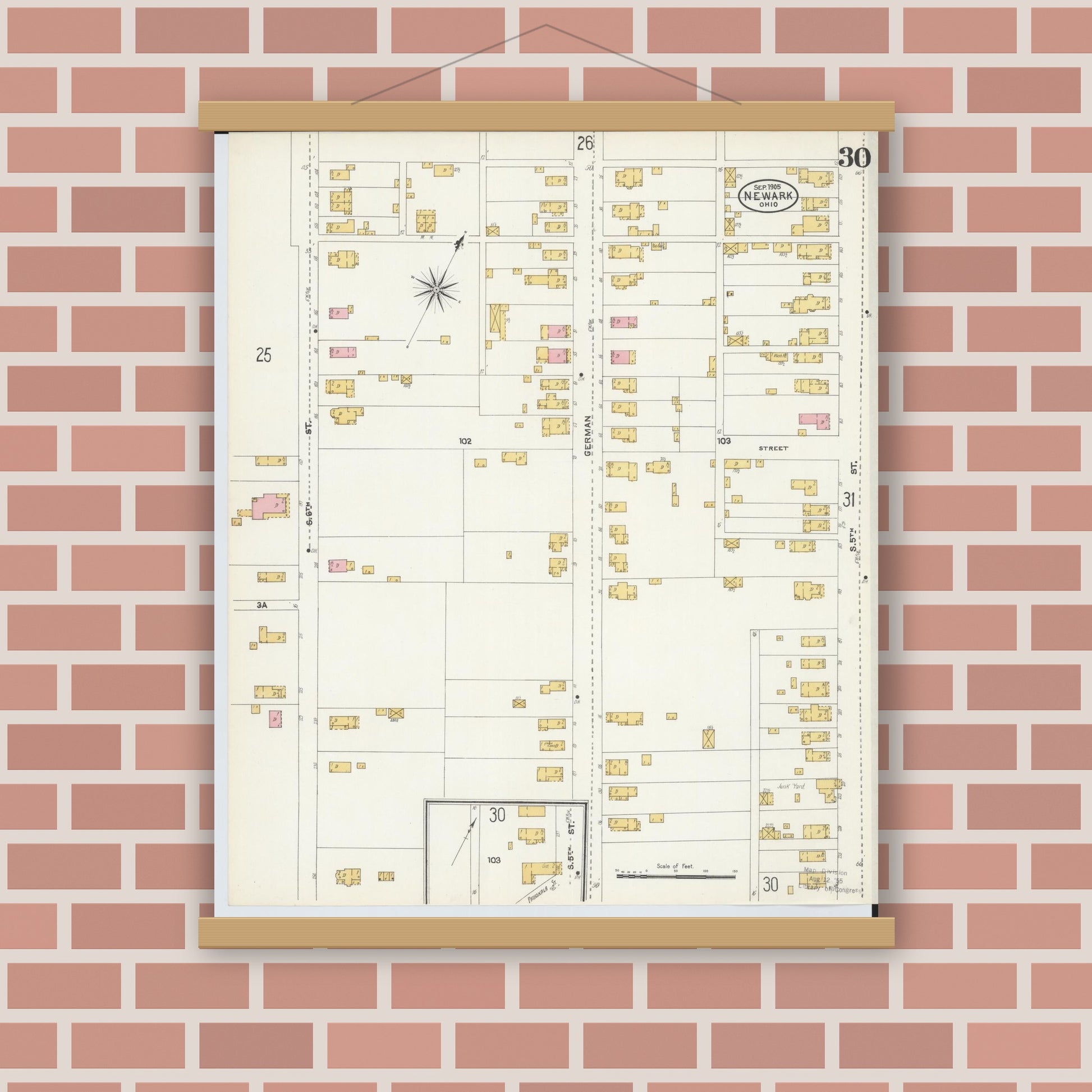 Old map wall art mockup — magnetic wood frame on brick wall — Sanborn Fire Insurance Map from Newark, Licking County, Ohio (1905), Sheet #0030