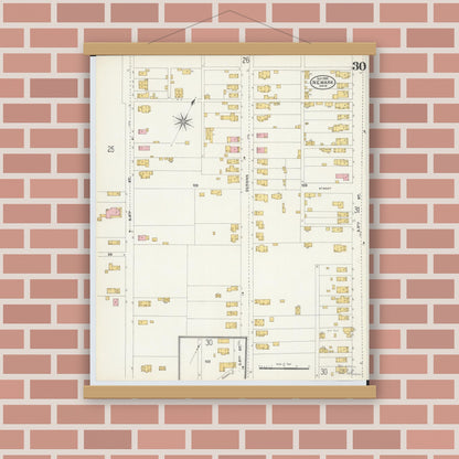 Old map wall art mockup — magnetic wood frame on brick wall — Sanborn Fire Insurance Map from Newark, Licking County, Ohio (1905), Sheet #0030