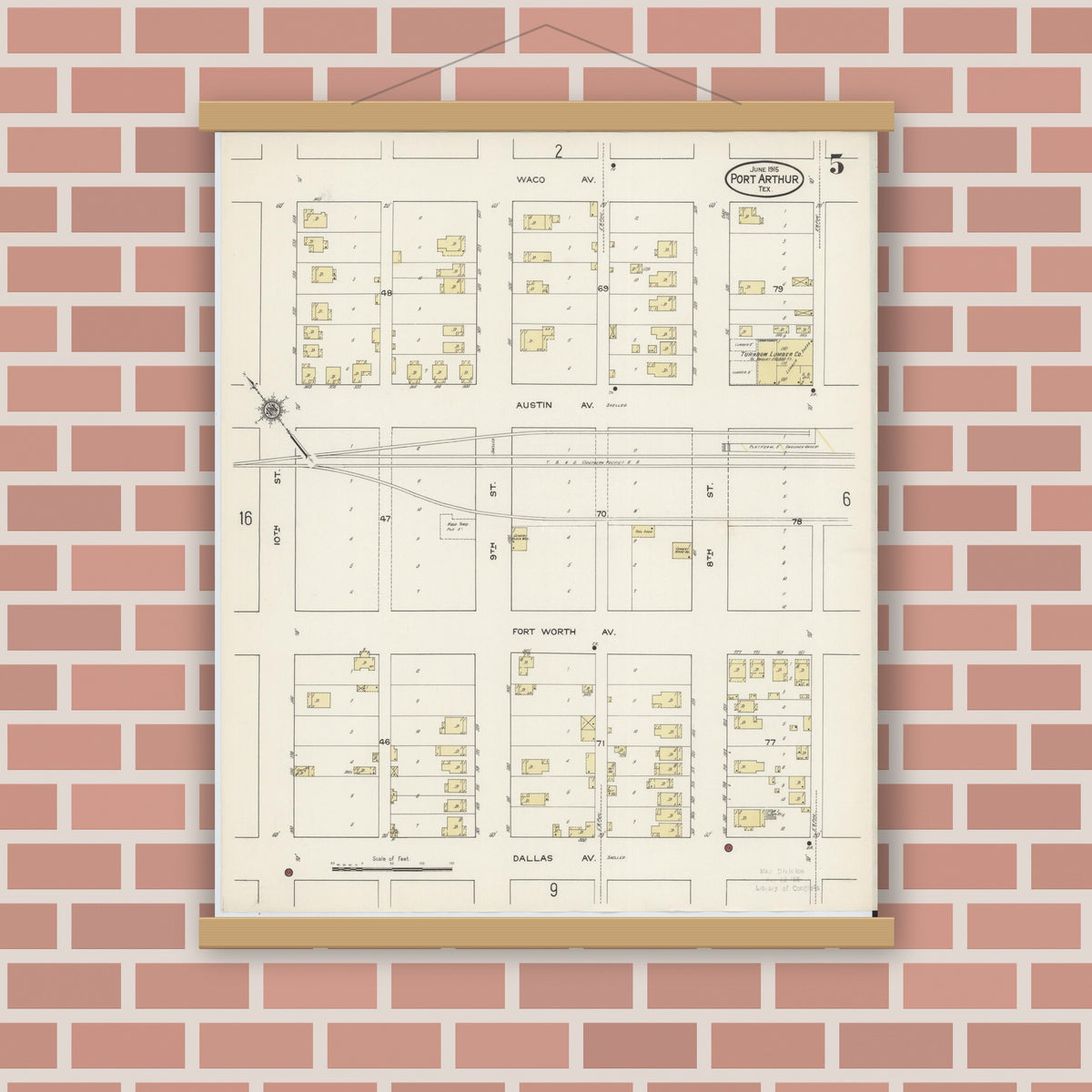 Old map wall art mockup — magnetic wood frame on brick wall — Sanborn Fire Insurance Map from Port Arthur, Jefferson County, Texas (1915), Sheet #0005