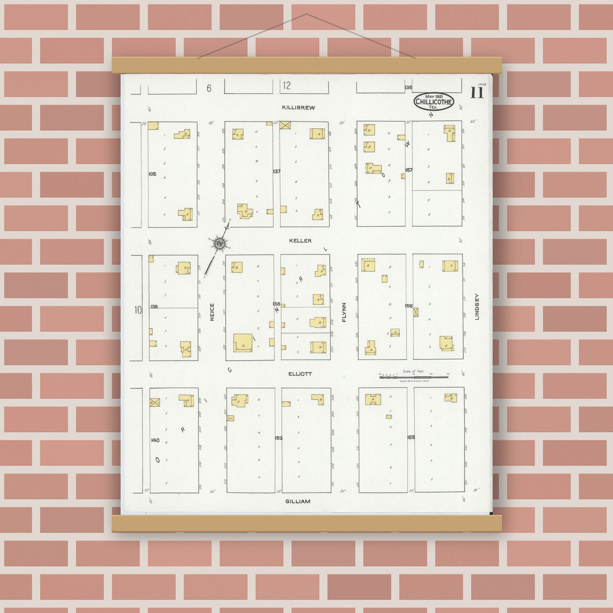 Old map wall art mockup — magnetic wood frame on brick wall — Sanborn Fire Insurance Map from Chillicothe, Hardeman County, Texas (1921), Sheet #0011