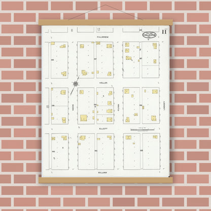 Old map wall art mockup — magnetic wood frame on brick wall — Sanborn Fire Insurance Map from Chillicothe, Hardeman County, Texas (1921), Sheet #0011