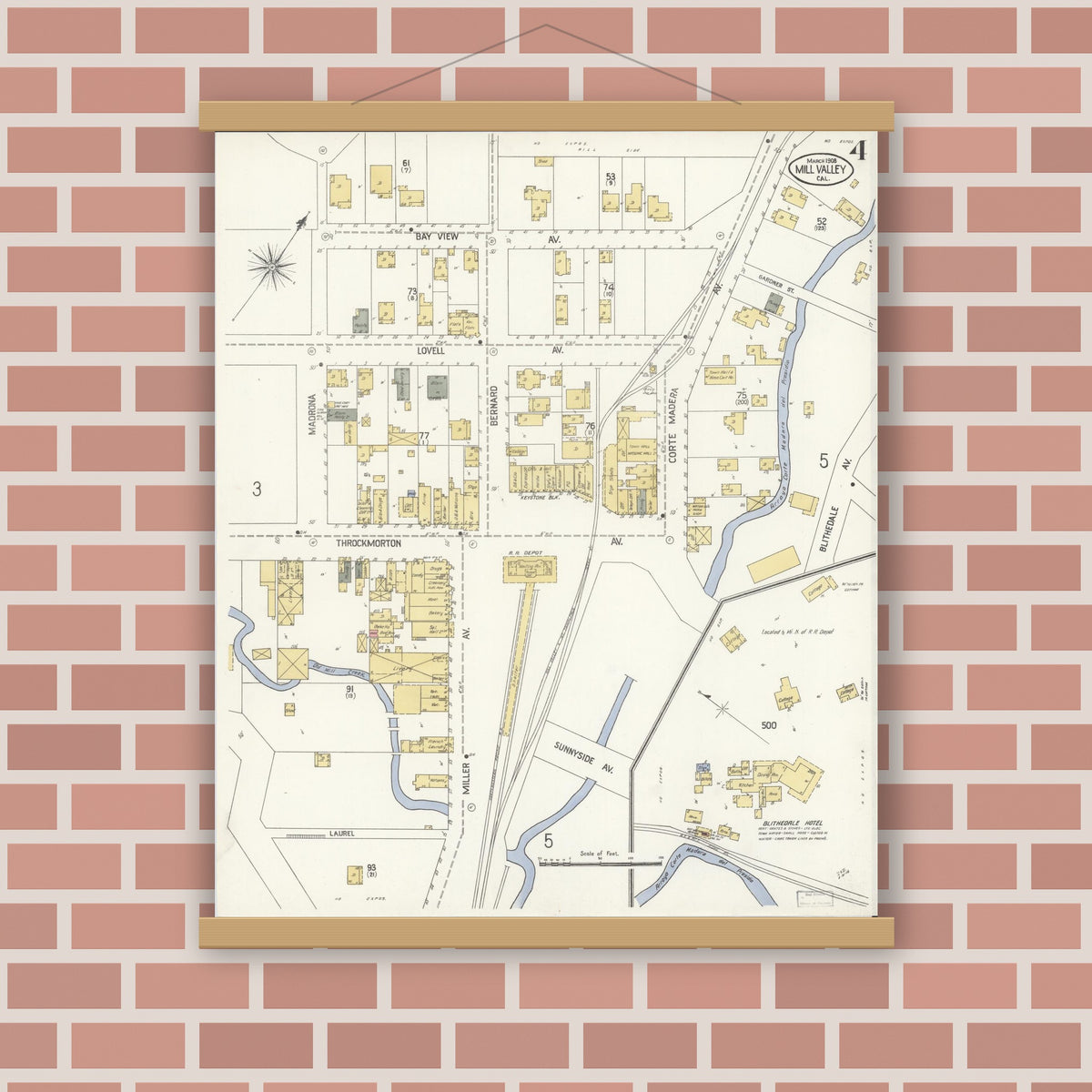 Old map wall art mockup — magnetic wood frame on brick wall — Sanborn Fire Insurance Map from Mill Valley, Marin County, California (1908), Sheet #0004
