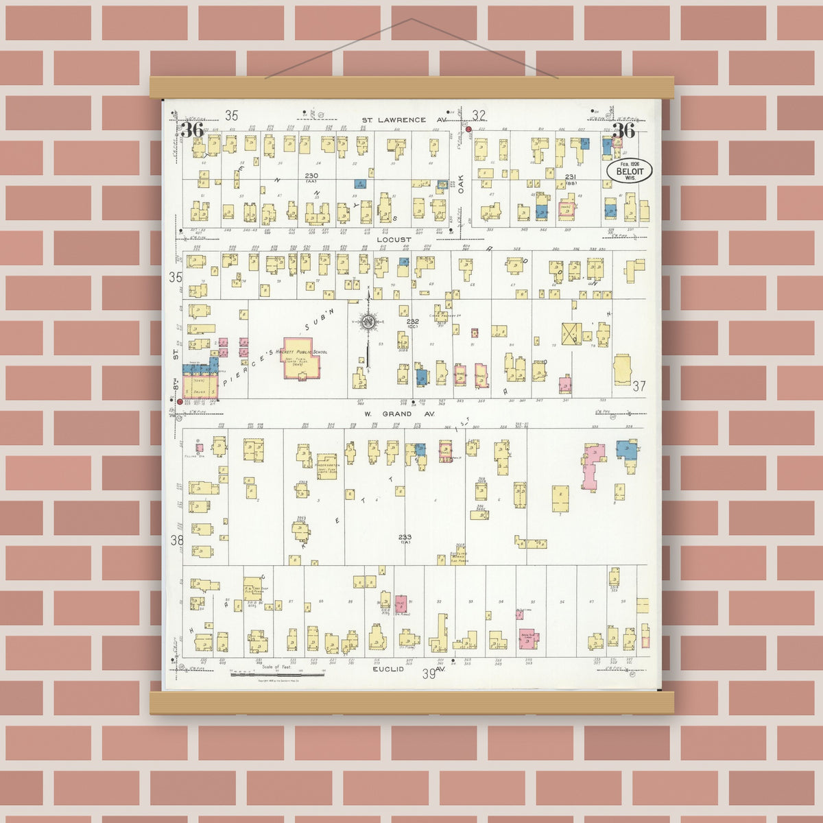 Old map wall art mockup — magnetic wood frame on brick wall — Sanborn Fire Insurance Map from Beloit, Rock County, Wisconsin (1926), Sheet #0036