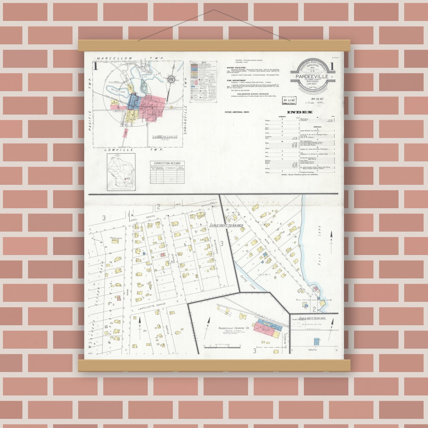 Old map wall art mockup — magnetic wood frame on brick wall — Sanborn Fire Insurance Map from Pardeeville, Columbia County, Wisconsin (1937) - Complete Map Set