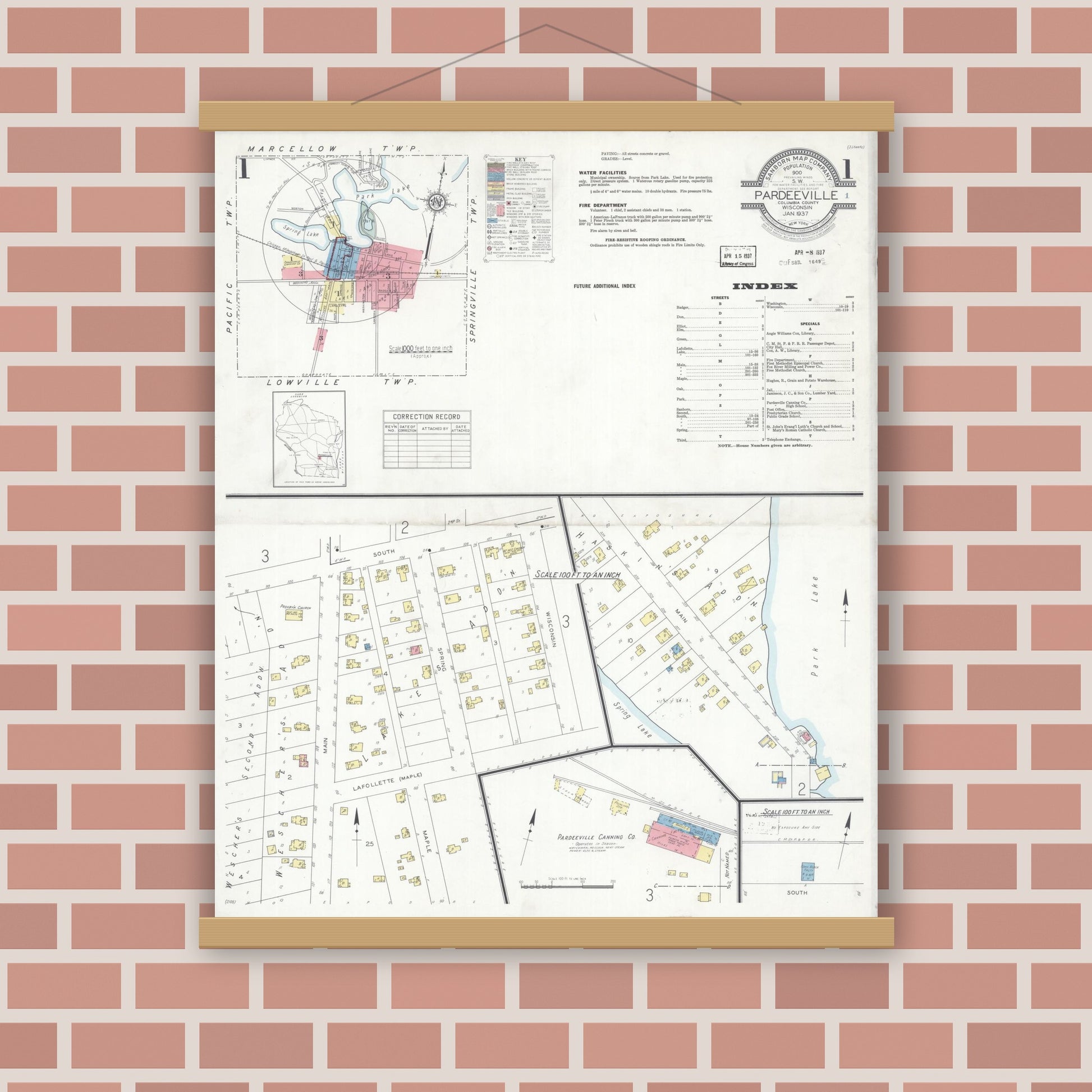 Old map wall art mockup — magnetic wood frame on brick wall — Sanborn Fire Insurance Map from Pardeeville, Columbia County, Wisconsin (1937) - Complete Map Set
