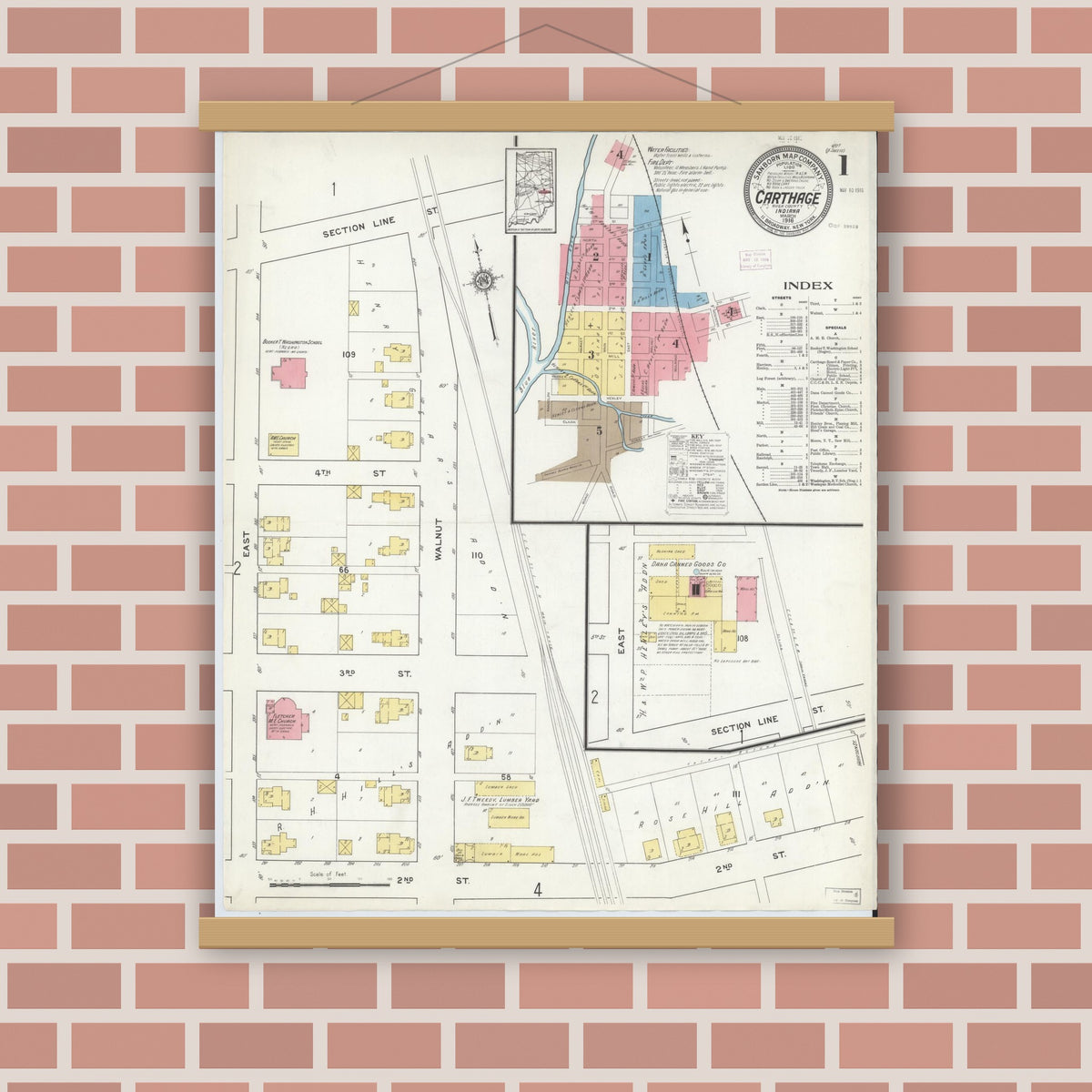 Old map wall art mockup — magnetic wood frame on brick wall — Sanborn Fire Insurance Map from Carthage, Rush County, Indiana (1916) - Complete Map Set