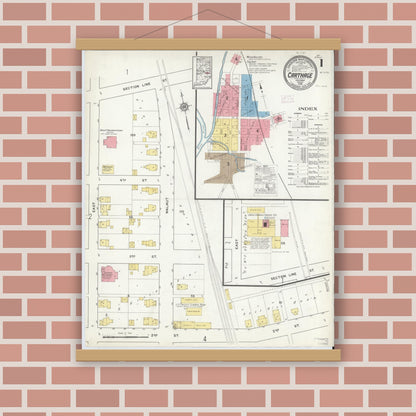 Old map wall art mockup — magnetic wood frame on brick wall — Sanborn Fire Insurance Map from Carthage, Rush County, Indiana (1916) - Complete Map Set