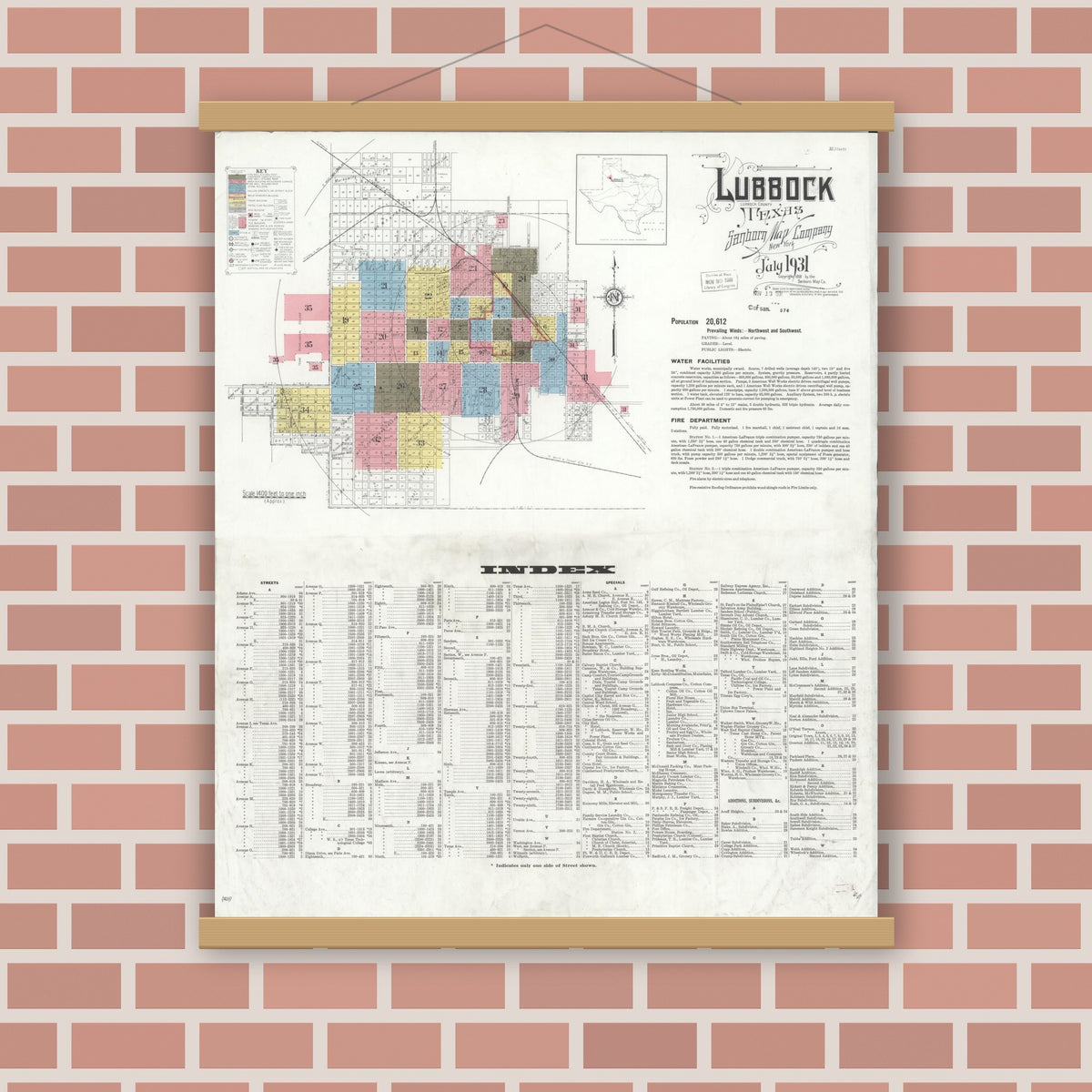 Old map wall art mockup — magnetic wood frame on brick wall — Sanborn Fire Insurance Map from Lubbock, Lubbock County, Texas (1931) - Complete Map Set
