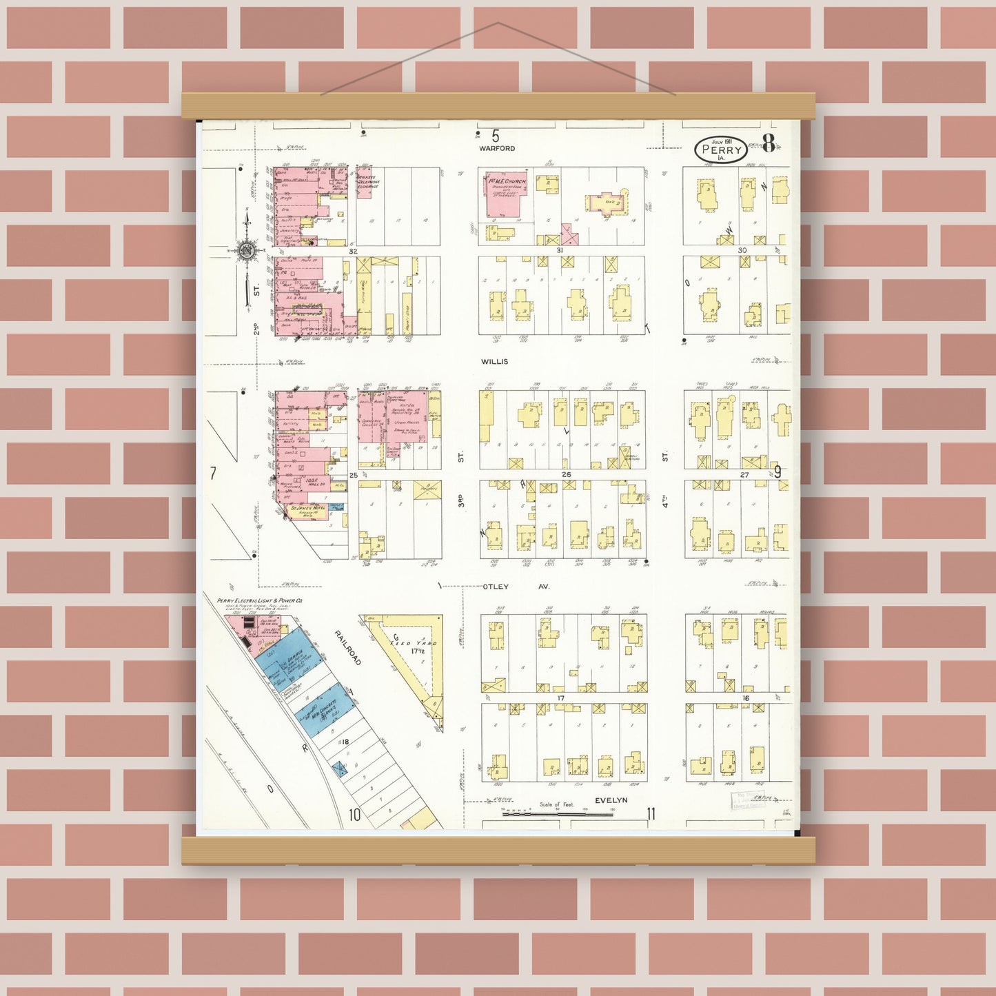 Old map wall art mockup — magnetic wood frame on brick wall — Sanborn Fire Insurance Map from Perry, Dallas County, Iowa (1911), Sheet #0008