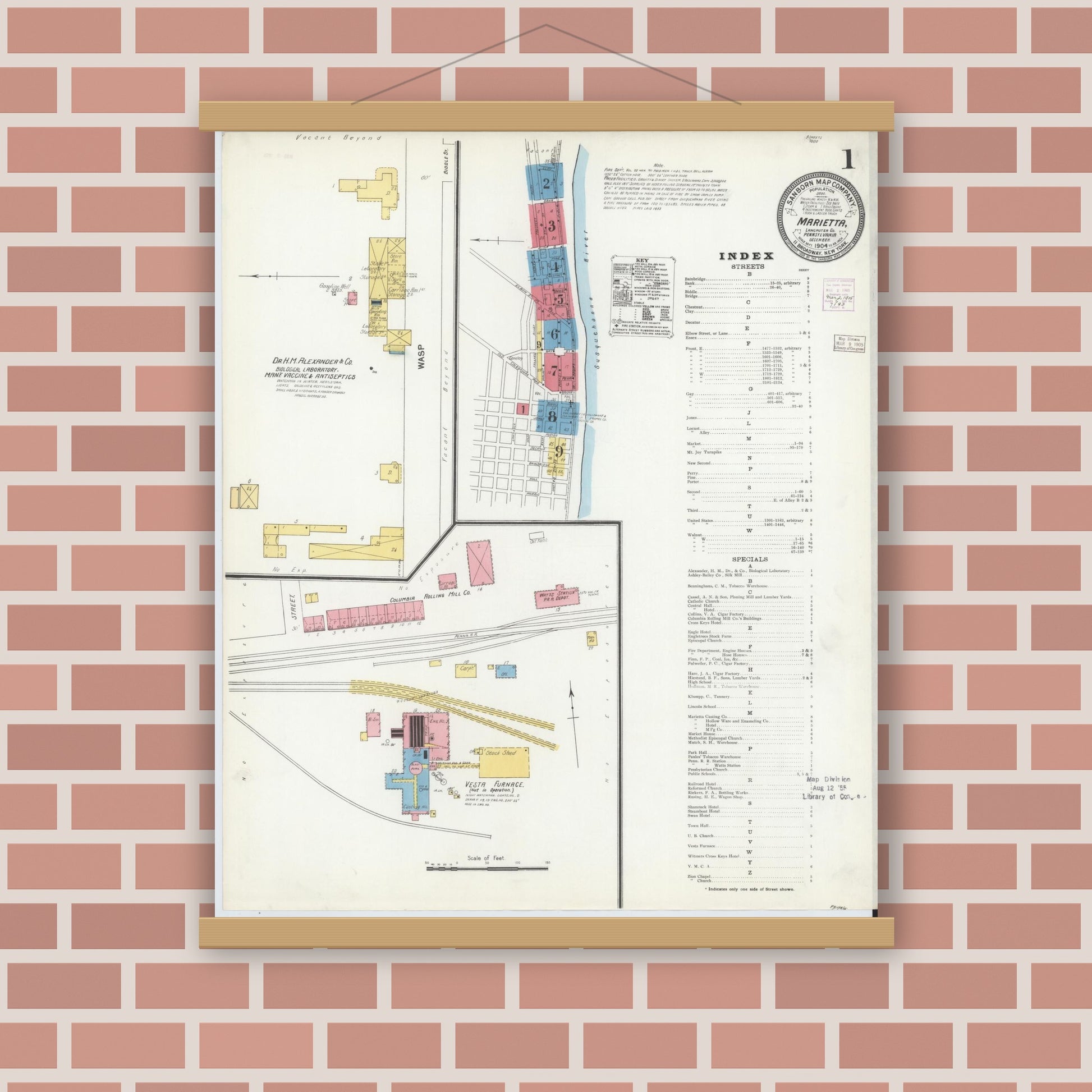 Old map wall art mockup — magnetic wood frame on brick wall — Sanborn Fire Insurance Map from Marietta, Lancaster County, Pennsylvania (1904) - Complete Map Set
