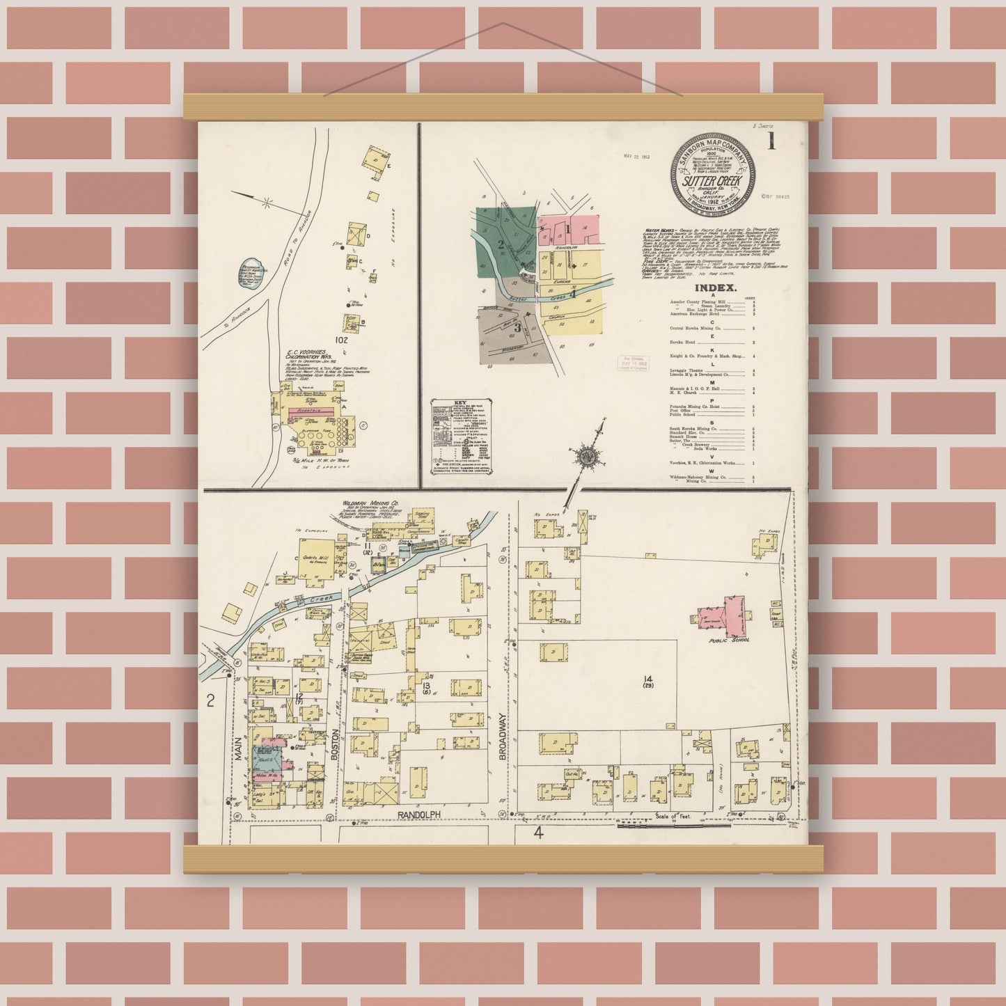 Old map wall art mockup — magnetic wood frame on brick wall — Sanborn Fire Insurance Map from Sutter Creek, Amador County, California (1912) - Complete Map Set