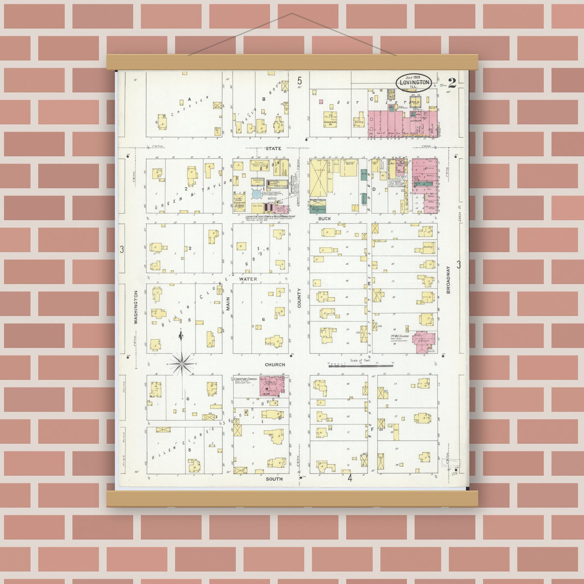 Old map wall art mockup — magnetic wood frame on brick wall — Sanborn Fire Insurance Map from Lovington, Moultrie County, Illinois (1909), Sheet #0002