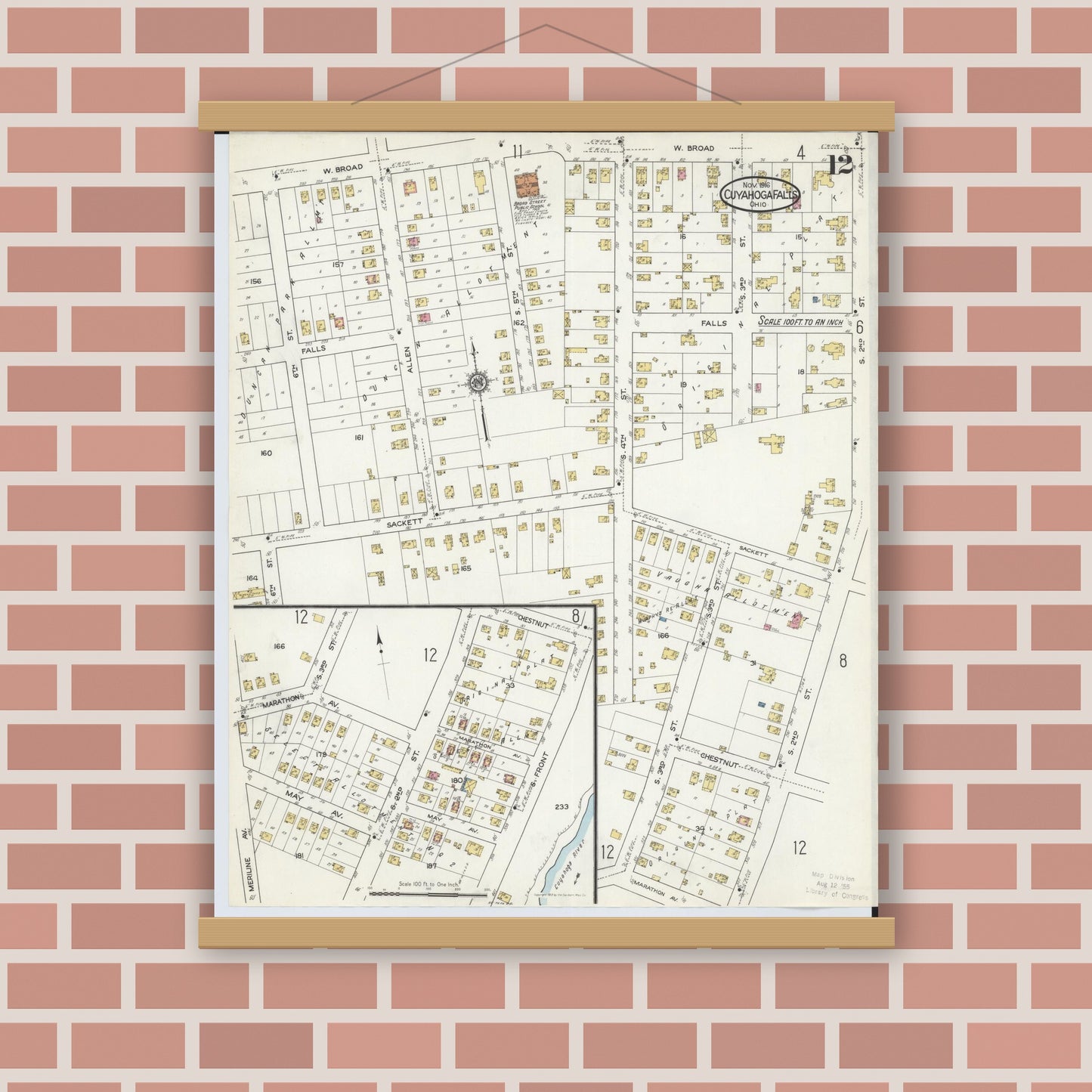 Old map wall art mockup — magnetic wood frame on brick wall — Sanborn Fire Insurance Map from Cuyahoga Falls, Summit County, Ohio (1916), Sheet #0012