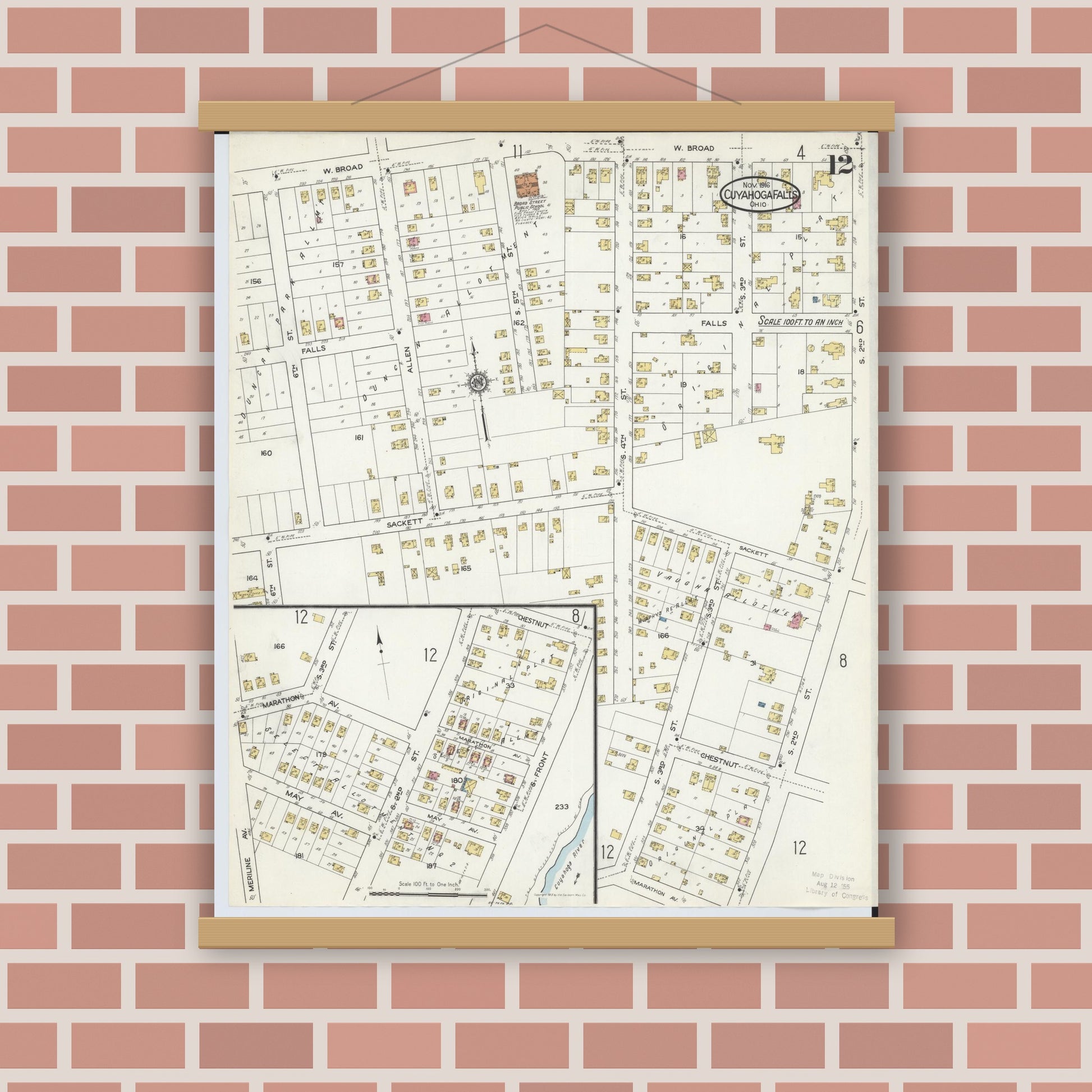 Old map wall art mockup — magnetic wood frame on brick wall — Sanborn Fire Insurance Map from Cuyahoga Falls, Summit County, Ohio (1916), Sheet #0012