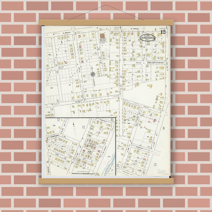 Old map wall art mockup — magnetic wood frame on brick wall — Sanborn Fire Insurance Map from Cuyahoga Falls, Summit County, Ohio (1916), Sheet #0012