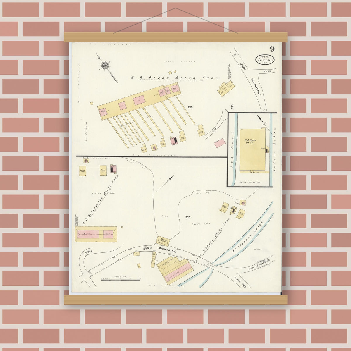 Old map wall art mockup — magnetic wood frame on brick wall — Sanborn Fire Insurance Map from Athens, Greene County, New York (1912), Sheet #0009