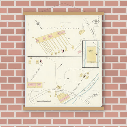Old map wall art mockup — magnetic wood frame on brick wall — Sanborn Fire Insurance Map from Athens, Greene County, New York (1912), Sheet #0009