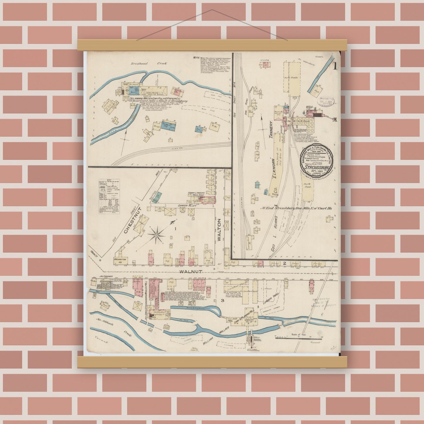 Old map wall art mockup — magnetic wood frame on brick wall — Sanborn Fire Insurance Map from Stroudsburg, Monroe County, Pennsylvania (1885), Sheet #0001